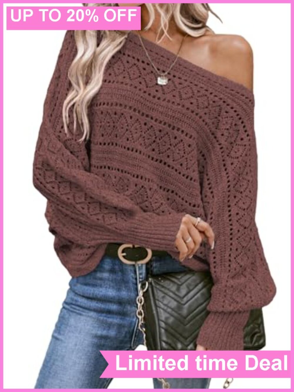 Womens Crochet Boat Neck Long Batwing Sleeve Loose Sweater Pullover